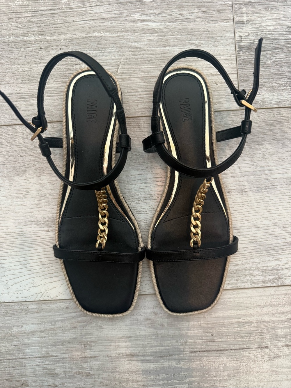 PAIGE Black Leather T-Strap Sandal with Gold Chain Accent - Size 6.5 - Picture 2 of 5